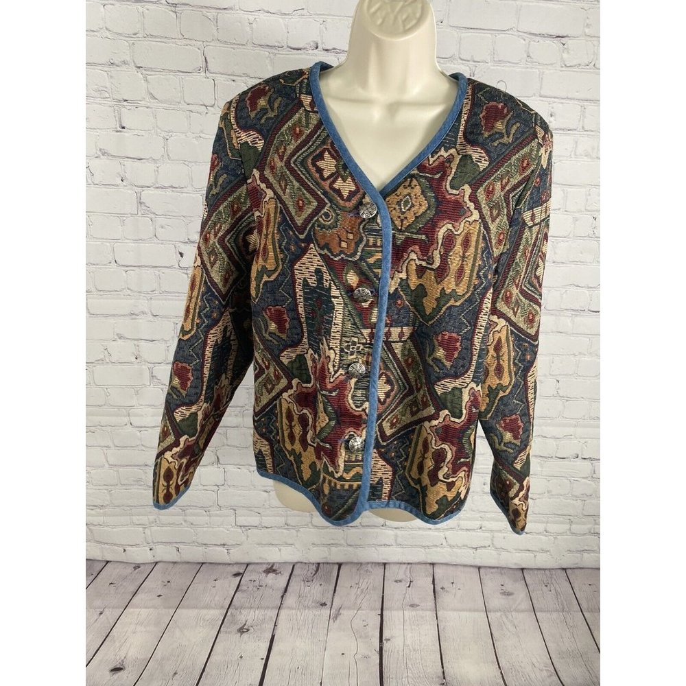 VTG Stonebridge 4 Button Woven Abstract Multicolor V Neck Jacket Womens XL